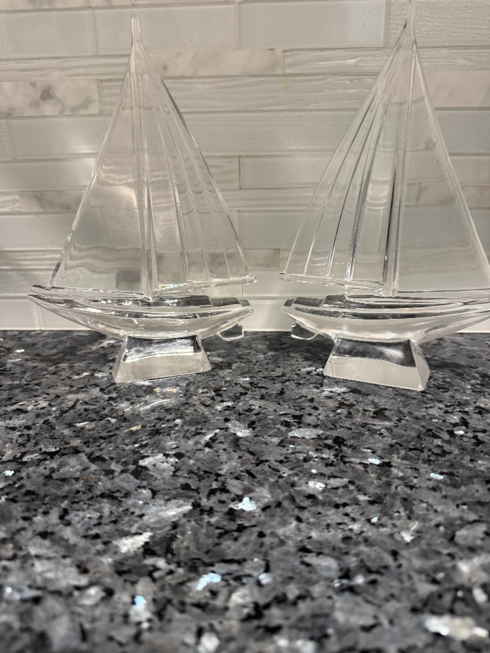 Pair of Vintage Crystal Sailboat Bookends - 8.5" Heavy Clear Glass